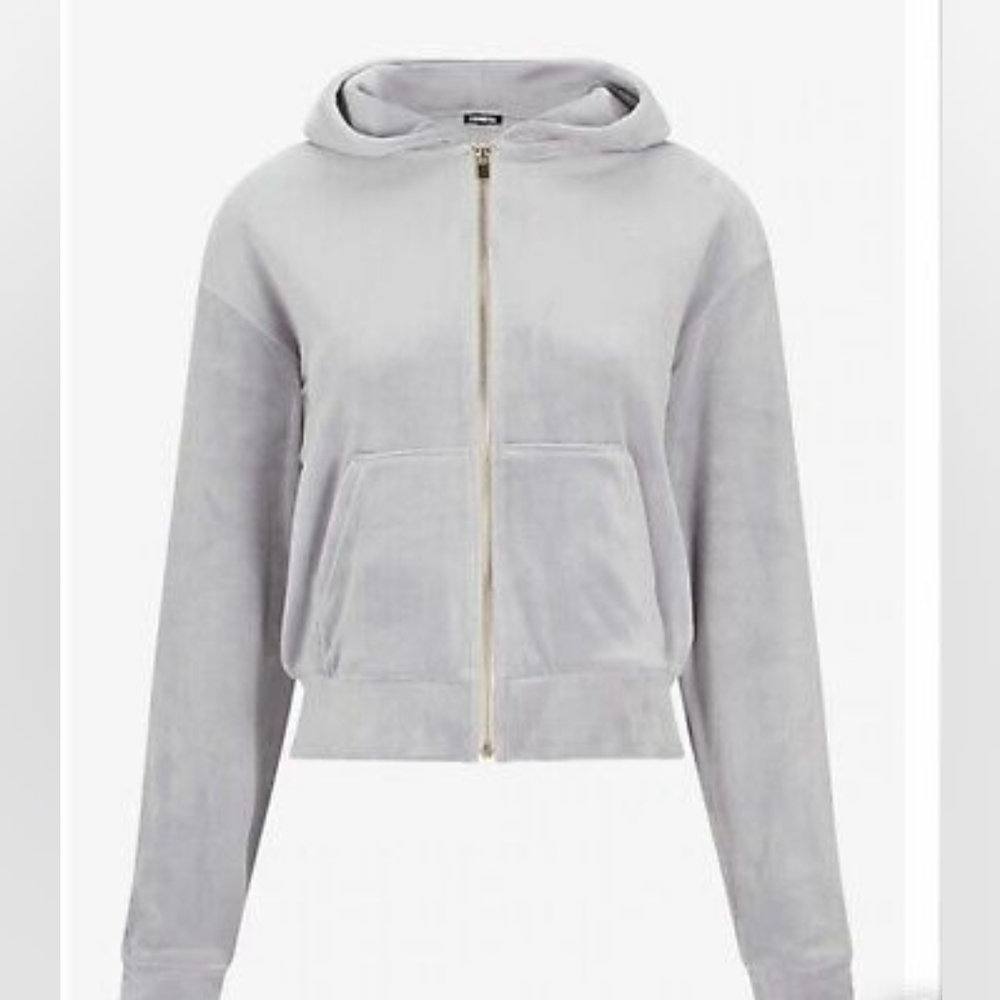 Express Womens velour hoodie L pale grey pockets straight hem chic zip-up NWT